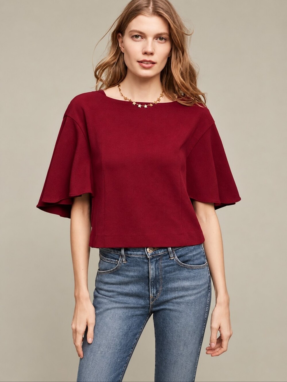 ❤️ ANTHROPOLOGIE ERI + ALI KNIT CROPPED VIV TOP FLUTTER SLEEVE, BURGUNDY, MEDIUM